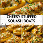 Stuffed Yellow Squash Boats with Cheesy Flavor 4 Stuffed yellow squash boats filled with cheese and herbs on a baking tray 2