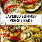Layered summer vegetable casserole with zucchini and squash slices baked until golden. 2