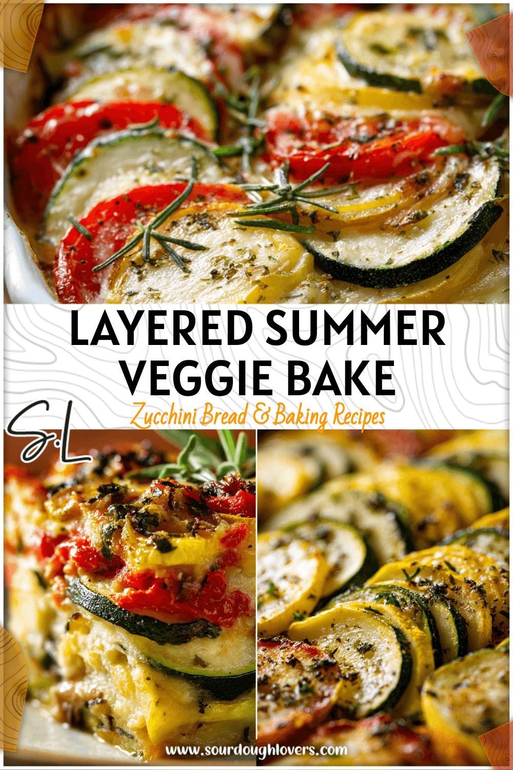 Layered summer vegetable casserole with zucchini and squash slices baked until golden. 2
