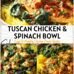 Tuscan Chicken with Spinach and Spaghetti Squash 4 Tuscan chicken served with spaghetti squash and sautéed spinach garnished with herbs in a rustic bowl. 2