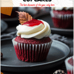 Vampire Dessert Ideas: Red Velvet Halloween Cupcakes 4 Red velvet Halloween cupcakes decorated with vampire bite details and swirls of cream frosting. 2