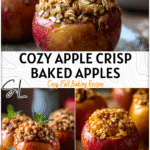 Apple Crisp Stuffed Baked Apples with Oats & Cinnamon 4 Golden Apple Crisp Stuffed Baked Apples filled with oats and cinnamon topping on a rustic plate.