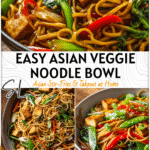 Asian Vegetable Stir-Fry Noodles with Tofu & Fresh Veggies 4 Bowl of Asian stir-fried noodles with vegetables and tofu served on a wooden table