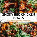 BBQ Chicken & Roasted Sweet Potato Bowls | Healthy Protein Meal Prep 4 Bowl filled with BBQ chicken, roasted sweet potatoes, lettuce, and fresh herbs for a healthy protein bowl.