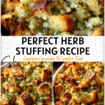 Best Herb Stuffing Recipe for Thanksgiving & Christmas Sides 4 Golden baked herb stuffing in a casserole dish with fresh herbs and crispy edges for Thanksgiving dinner