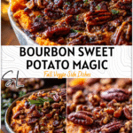 Bourbon Sweet Potato Casserole with Bacon Pecans for Your Thanksgiving Menu 4 Golden Bourbon Sweet Potato Casserole topped with crispy bacon pecans on a festive Thanksgiving table.
