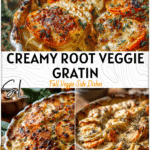 Cheesy Root Vegetable Gratin for Cozy Thanksgiving Side Dishes 4 Golden Cheesy Root Vegetable Gratin baked with creamy layers on a rustic table as a Thanksgiving Side Dish. 2