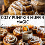 Cozy Pumpkin Cinnamon Roll Muffins for the Perfect Fall Breakfast 4 Soft pumpkin cinnamon roll muffins with golden Cinnamon Swirl and Hazelnut Spread on a rustic fall table.