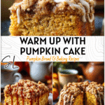 Cozy Pumpkin Coffee Cake with Streusel Crumb Topping 4 A golden Coffee Pumpkin Cake topped with cinnamon streusel crumbs and drizzle, served on a cozy fall table.