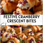 Cranberry Cream Cheese Crescent Bites | Easy Fall Appetizer! 4 Golden crescent bites filled with cranberry and cream cheese on a rustic Thanksgiving platter. 2