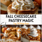 Creamy Autumn Cheesecake Delight with Puff Pastry Inspiration 4 Creamy autumn cheesecake topped with apples and mousse layers displayed on a rustic pastry crust.