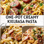 Creamy Kielbasa Pasta Made Easy in One Pot 4 A bowl of creamy kielbasa pasta with sliced sausage and parsley garnish served in a white dish. 2