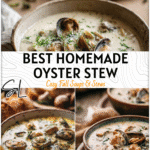 Creamy Oyster Stew Recipe with Fresh and Canned Oysters 4 A bowl of creamy oyster stew garnished with herbs and fresh oysters served in a rustic kitchen setting