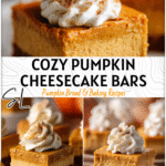 Creamy Pumpkin Cheesecake Bars for a Cozy Thanksgiving Treat 4 Creamy pumpkin cheesecake bars topped with a swirl of plain cheesecake and warm pumpkin spice on a dessert plate.