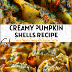Creamy Pumpkin Stuffed Shells with Spinach and Pesto Flavor 4 Close-up of Pumpkin Shells stuffed with pesto, cheese, and spinach topped with golden sauce.