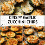 Crispy Garlic Parmesan Zucchini Chips Baked to Perfection 4 Golden baked Parmesan Zucchini Chips on a tray showing crispy sliced zucchini texture.