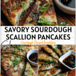 Crispy Sourdough Discard Scallion Pancake Recipe 4 Crispy golden Sourdough Discard Scallion Pancake sliced and served with dipping sauce on a wooden board