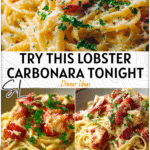 Decadent Lobster Carbonara Recipe for Seafood Lovers 4 Close-up of lobster carbonara pasta topped with parmesan and parsley in a creamy sauce.