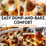 Dump-and-Bake Meatball Casserole with Sweet Sauce Perfection 4 Baked Meatball Casserole topped with gooey cheese and rich sweet sauce in a white casserole dish. 2