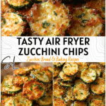 Easy Air Dry Zucchini Chips with Garlic Parmesan Flavor 4 Crispy Air Dry Zucchini Chips coated with garlic and Parmesan arranged on a parchment tray.