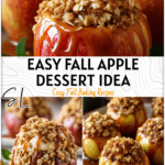 Easy Apple Crisp Baked Apples Dessert Idea 4 Stuffed Baked Apples topped with oat crumble and drizzled with caramel on a dessert plate.