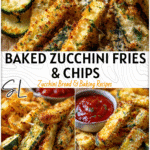 Easy Baked Parmesan Zucchini Fries and Chips Recipe 4 Crispy baked Parmesan Zucchini Fries served on parchment with golden zucchini chips beside them.