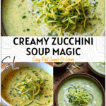 Easy Creamy Zucchini Soup with Fresh Garden Flavor 4 Bowl of creamy zucchini soup garnished with herbs and shredded squash on a rustic table. 2