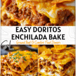 Easy Doritos Enchilada Casserole for Crowd-Pleasing Dinners 4 Golden Doritos Enchilada Casserole topped with melted cheese, beef, and crunchy Doritos chips.