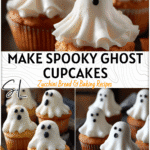 Easy Halloween Ghost Cupcakes & Spooky Decorating Tips 4 Frosted Halloween ghost cupcakes with white icing ghosts and spooky cupcake decorations on a dark tray.