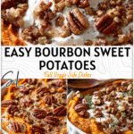 Easy Holiday Bourbon Sweet Potatoes with Savory Pecan Topping 4 Close-up of creamy Bourbon Sweet Potatoes topped with toasted pecans served in a white casserole dish.