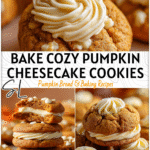 Easy Pumpkin Cheesecake Cookies | Creamy Fall Dessert for Thanksgiving 4 Golden pumpkin cheesecake cookies topped with cream cheese swirls on a festive autumn background.