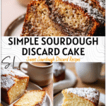 Easy Sourdough Discard Cake | Best Recipes For Sourdough 4 Slice of sourdough discard coffee cake with powdered sugar on a white plate beside a coffee mug.