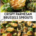 Extra-Crispy Parmesan Smashed Brussels Sprouts for Easy Dinner Ideas 4 Crispy parmesan smashed Brussels sprouts served on a baking tray as a delicious roasted vegetable side dish.