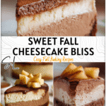 Fall Inspired Cheesecake with Apples and Chocolate Mousse Layers 4 Slice of fall inspired cheesecake with chocolate mousse layers and spiced apple topping on a pastry base.