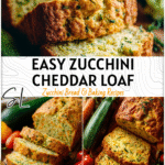 Garden Zucchini Cheddar Quick Bread Recipe 4 A loaf of golden zucchini cheddar bread sliced on a wooden board with fresh garden veggies around it. 2