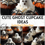 Ghost-Themed Halloween Cupcakes You Must Try 4 Set of ghost-themed Halloween cupcakes with marshmallow ghosts, black wrappers, and spider web decorations.