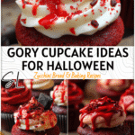 Gory Halloween Red Velvet Cupcakes & Party Dessert Ideas 4 Gory red velvet Halloween cupcakes with bloody icing and spooky decorations on a party table.