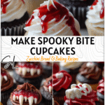 Halloween Vampire Bite Cupcakes for Spooky Dessert Lovers 4 Vampire bite cupcakes with red icing bite marks arranged for fall and Halloween cupcakes display.