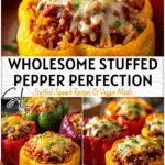Healthy Bell Peppers Stuffed with Beef and Rice Flavor 4 Baked Stuffed Peppers With Beef and rice on a rustic plate topped with melted cheese