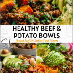 Healthy Ground Beef & Sweet Potato Bowl Ideas With Avocado 4 Close-up of a healthy bowl filled with ground beef, sweet potatoes, avocado slices, and colorful toppings.