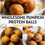Healthy Pumpkin Protein Balls for Fall Snacking 4 Small round Healthy Pumpkin Protein Balls on a white plate with fall leaves and oats scattered around. 2