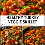 Healthy Turkey Sweet Potato Skillet with Veggies 4 Healthy turkey and sweet potato skillet topped with sautéed vegetables in a rustic pan.