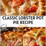 Homestyle Lobster Pot Pie Using Frozen Lobster Tails 4 Flaky pot pie crust revealing chunks of lobster tails and creamy lobster filling inside.