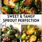 Honey Balsamic Brussels Sprouts With Ginger Glaze - The Healthful Ideas 4 Roasted Brussels sprouts drizzled with ginger balsamic glaze and honey reduction on a white plate