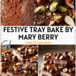 Impressive Mary Berry Tray Bake Dessert for Christmas or Anytime 4 Mary Berry chocolate tray bake dessert garnished with nuts and cocoa powder on a festive table.