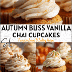 Indulge in Autumn Bliss with Vanilla Chai Pumpkin Cupcakes 4 Freshly baked Vanilla Pumpkin Cupcakes topped with creamy chai frosting and autumn sprinkles.