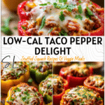 Low Calorie Taco Stuffed Peppers | Easy Low-fat Dinner Recipe 4 Close-up of low-calorie taco stuffed bell peppers with melted cheese and herbs for a healthy dinner.