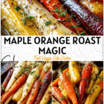 Maple Orange Glazed Roasted Carrots & Parsnips 4 Maple orange glazed roasted carrots and parsnips garnished with thyme on a rustic tray.