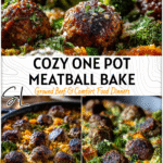 One Pot Meatballs and Rice Bake with Broccoli & Sweet Potato Twist 4 One pot meatballs and rice bake with broccoli and sweet potato chunks in a rustic pan.