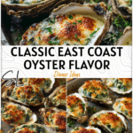 Oysters Rockefeller Recipe: Classic East Coast Flavor in Every Bite 4 Baked oysters topped with golden Rockefeller Sauce and herbs on a rustic serving tray.